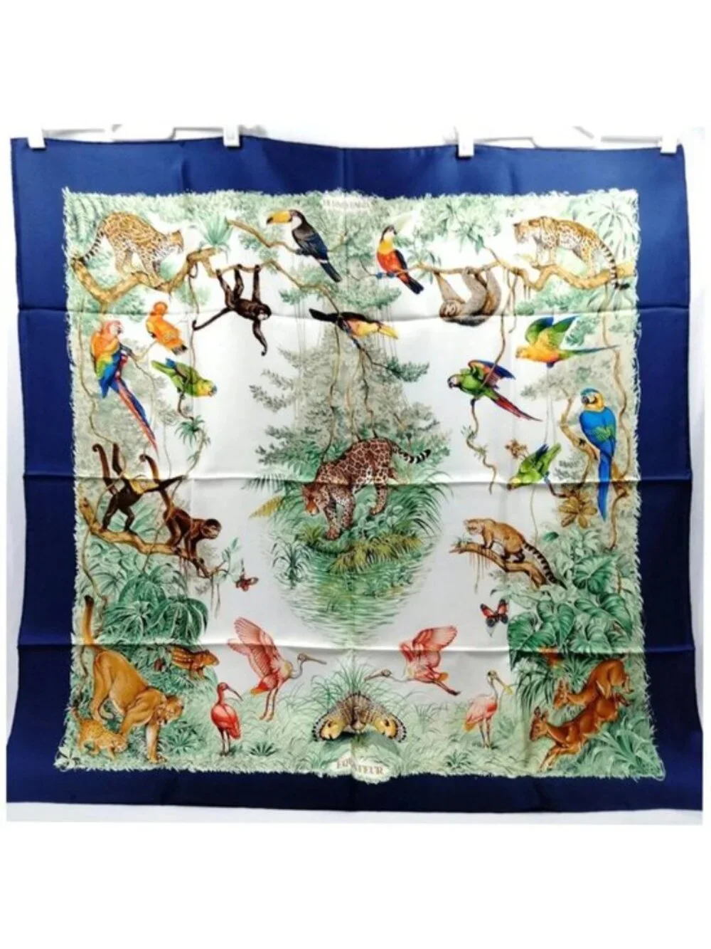 Authentic Hermès Equateur Carré 90 Silk Scarf Blue Jungle Wildlife